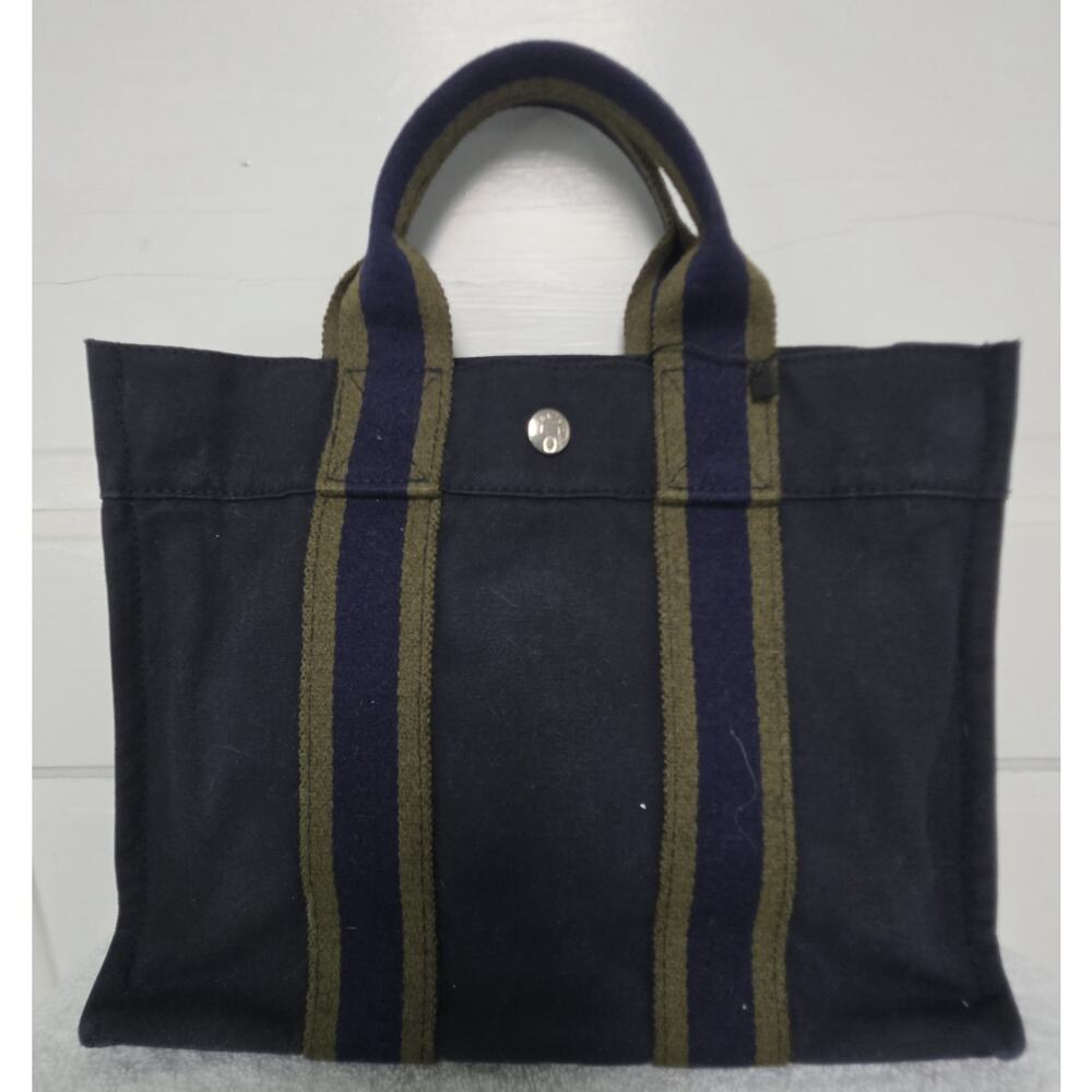 Hermès Navy Striped Tote PM Top Handle Snap Close Silver HW w/COA - Picture 2 of 15